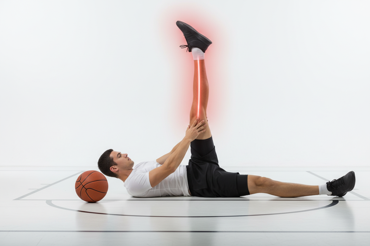 A hooper is lying on their back on a clean court or minimal studio floor, one leg extended up toward the ceiling in a classic hamstring stretch. They are holding the back of their thigh or calf with both hands while a basketball rests on the floor beside their hip. The lifted leg shows a subtle, soft athletic highlight along the hamstring to signal tightness. The lighting is bright and clean, emphasizing muscle length and the natural stretch position. Soft athletic red glow behind his leg.