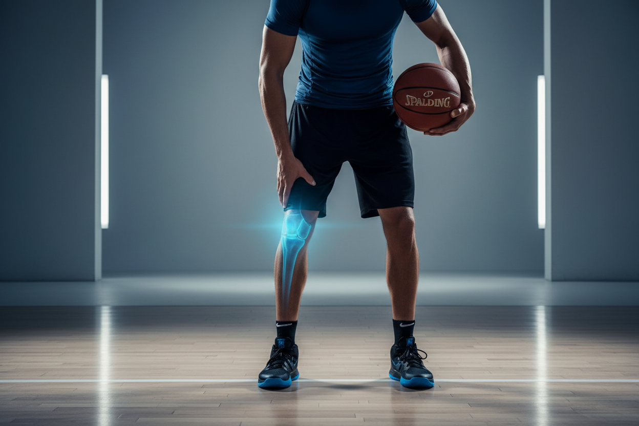 A hooper standing on a clean court or studio with a basketball tucked under one arm.
The other hand is gripping the front of the knee as if checking tightness or pain.
Soft athletic blue glow marks the joint area.
Lighting highlights muscle tone, not medical imagery.