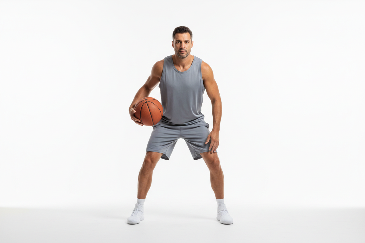 Create a cohesive 6-image lifestyle series on a clean white background. All images must share identical lighting, color grading, and style: bright athletic wellness aesthetic, premium sports-performance vibe, soft studio lighting, realistic skin tones, minimal shadows, no text, no logos, no clutter. Square 1:1 format. Subjects should be diverse adult athletes ages 28–45. Generate all 6 images in one consistent visual style. Athletic adult hooper holding a basketball in a relaxed, game-ready stance.