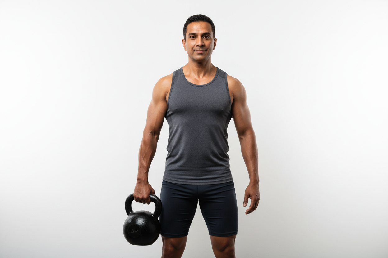 Create a cohesive 6-image lifestyle series on a clean white background. All images must share identical lighting, color grading, and style: bright athletic wellness aesthetic, premium sports-performance vibe, soft studio lighting, realistic skin tones, minimal shadows, no text, no logos, no clutter. Square 1:1 format. Subjects should be diverse adult athletes ages 28–45. Generate all 6 images in one consistent visual style. Adult gym athlete holding a kettlebell or dumbbell at their side with confident post