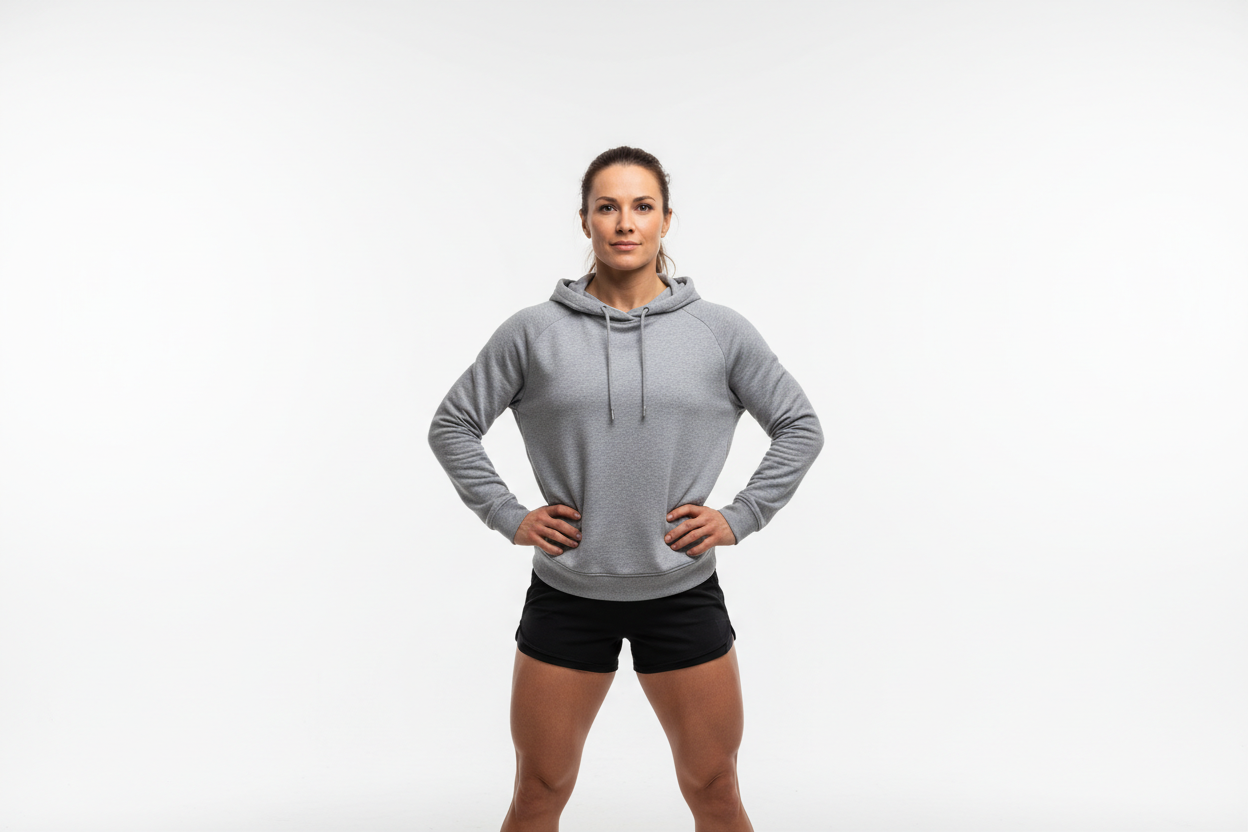 Create a cohesive 6-image lifestyle series on a clean white background. All images must share identical lighting, color grading, and style: bright athletic wellness aesthetic, premium sports-performance vibe, soft studio lighting, realistic skin tones, minimal shadows, no text, no logos, no clutter. Square 1:1 format. Subjects should be diverse adult athletes ages 28–45. Generate all 6 images in one consistent visual style. woman in casual athletic wear (hoodie + shorts), hands on hips, everyday-athlete loo