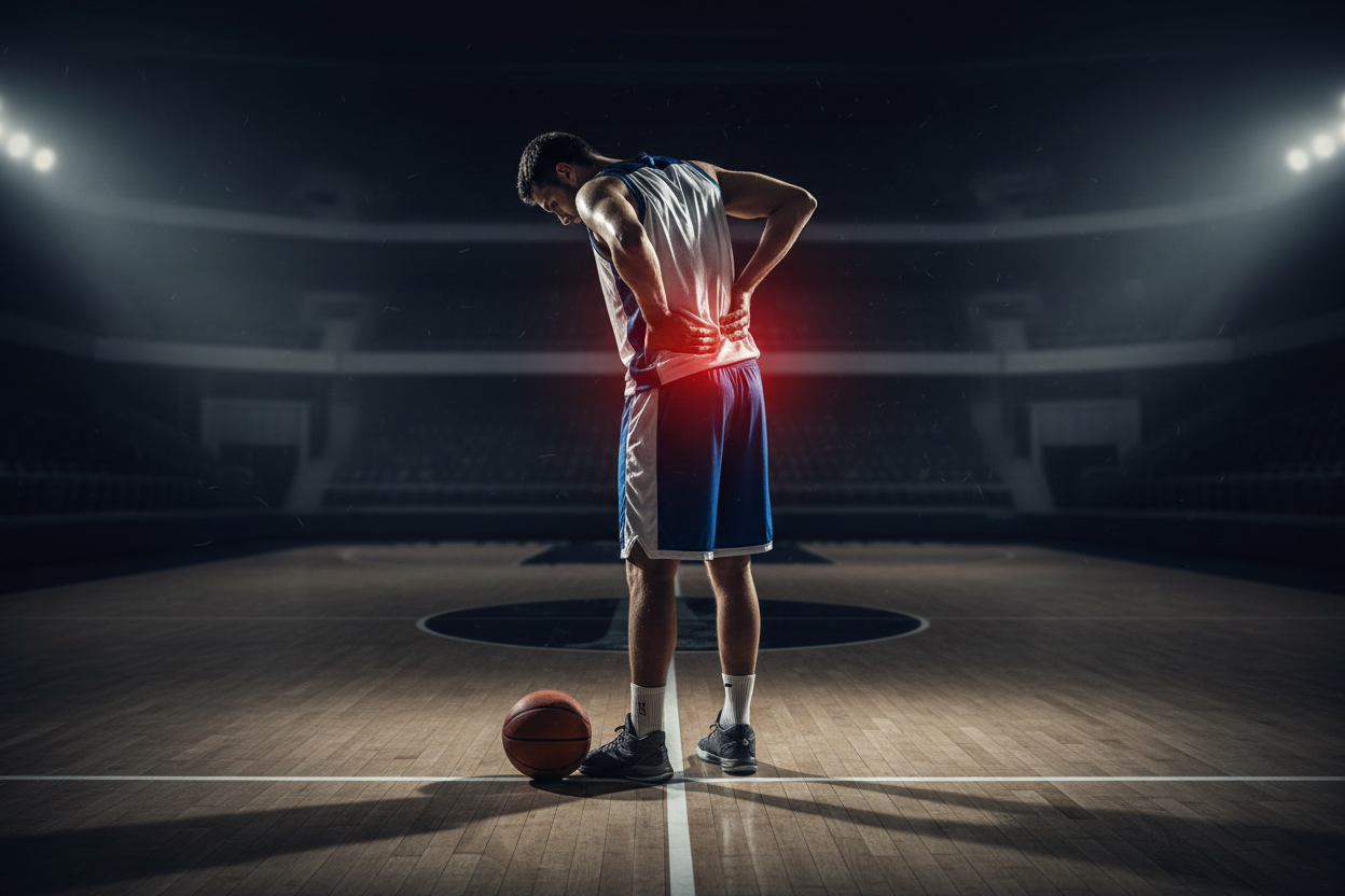 Hooper in a “hands-on-hips” or “hand on lower back” stance — classic after running the court.
Basketball at their feet.
Glow highlights the lower back tension.
Strong, relatable moment every hooper understands. Soft athletic red glow marks  around the lower back